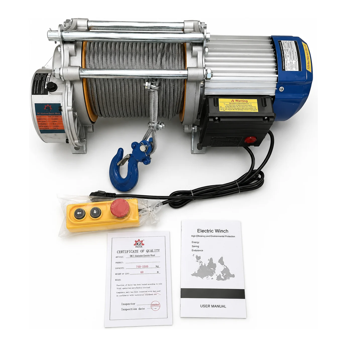 Aluminium Winch - 0.75 - 1.5 Ton - with 4 KW Motor - with 60 Mtr Wire Rope of 8 mm Dia