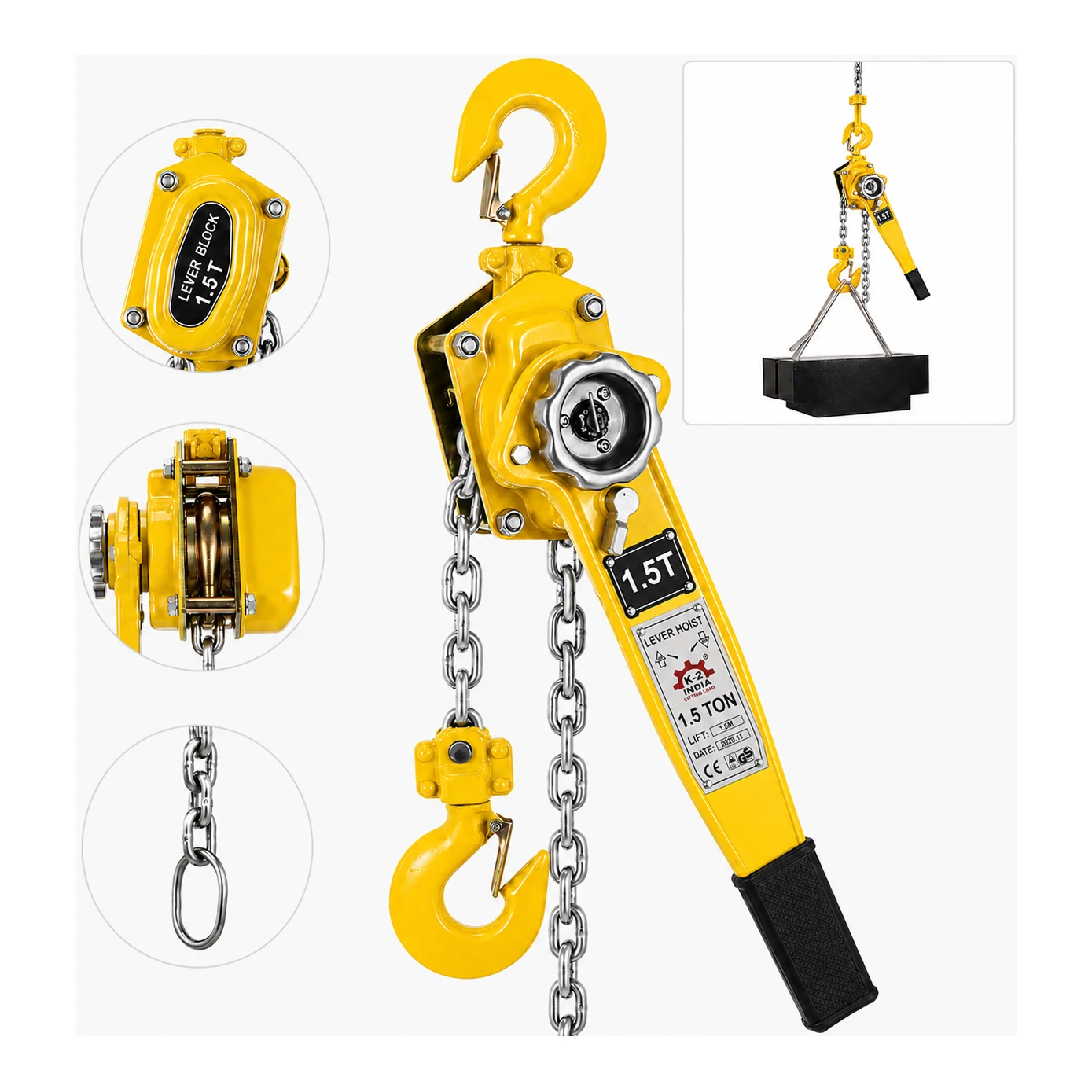 K2 Ratchet Lever Block - 1.5 Ton - Single Fall with 8 mm Chain