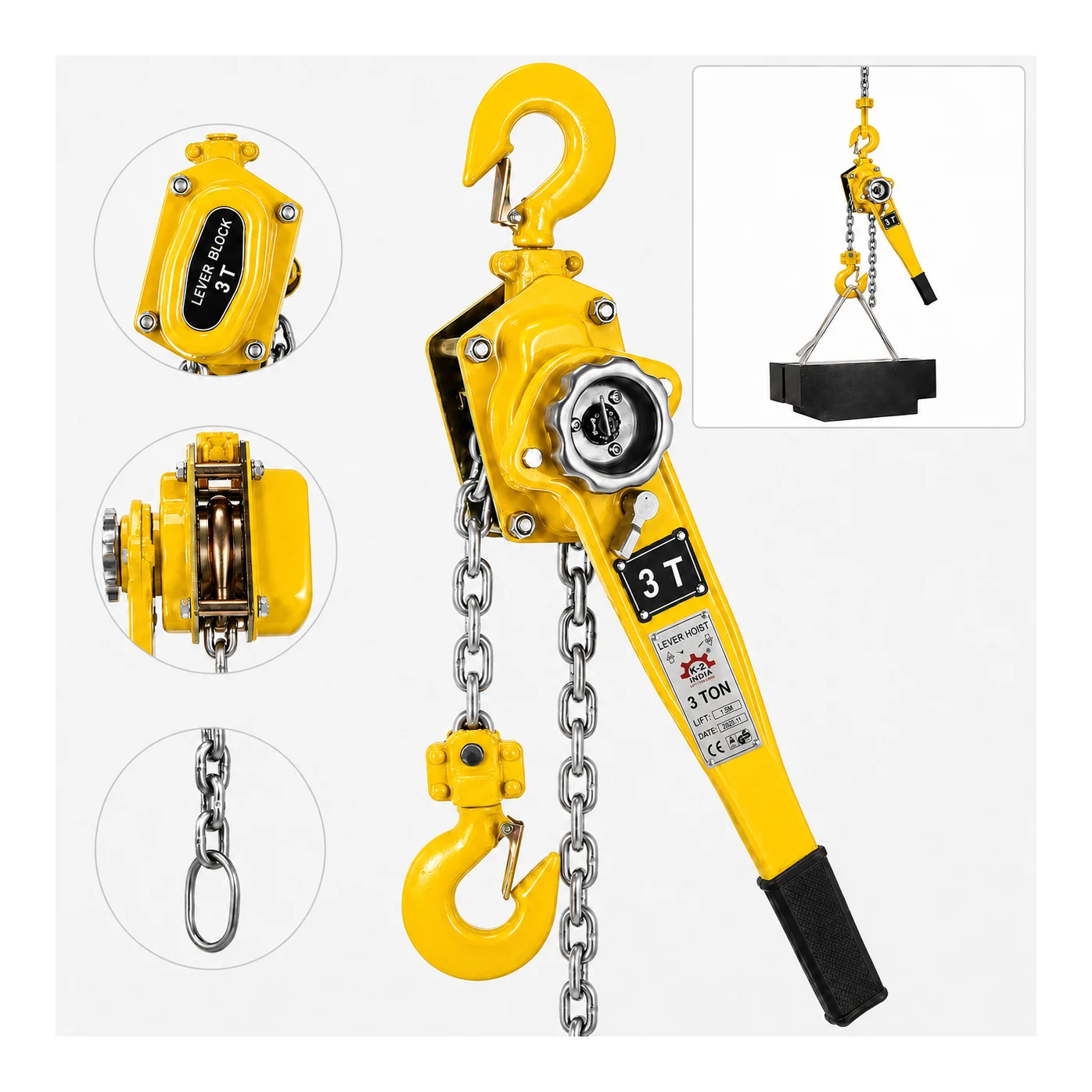 K2 Ratchet Lever Block - 3 Ton - Single Fall with 10 mm Chain