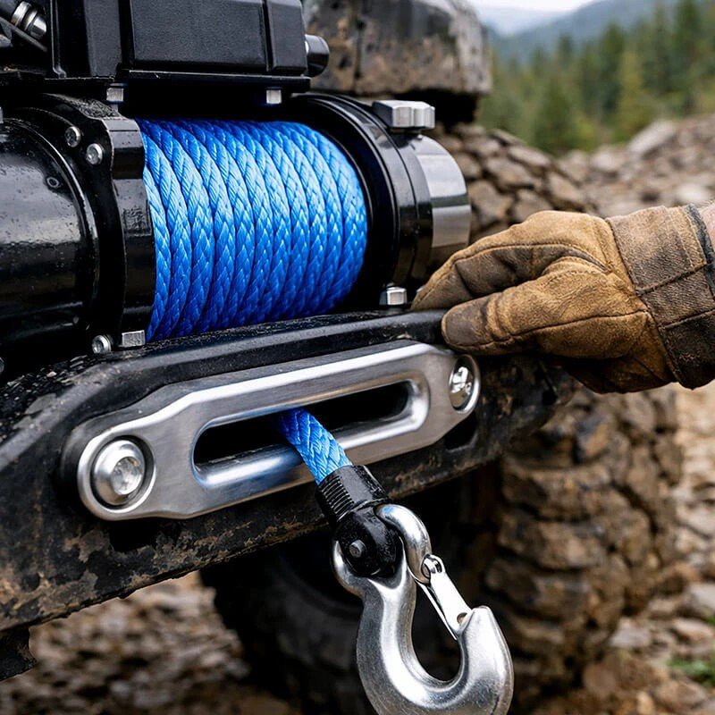 Ratcheting a winch handle to pull a load — use work gloves and a rated hook on the line