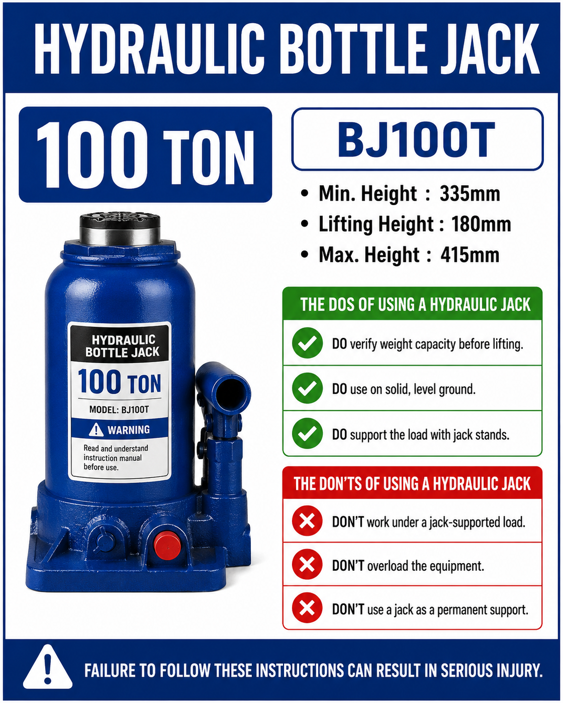 LEO Hydraulic Bottle Jack - 100 Ton - 515 mm - Image 2