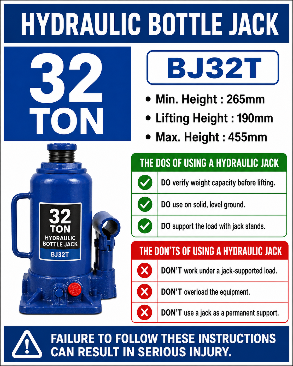 LEO Hydraulic Bottle Jack - 32 Ton - 455 mm - Image 2