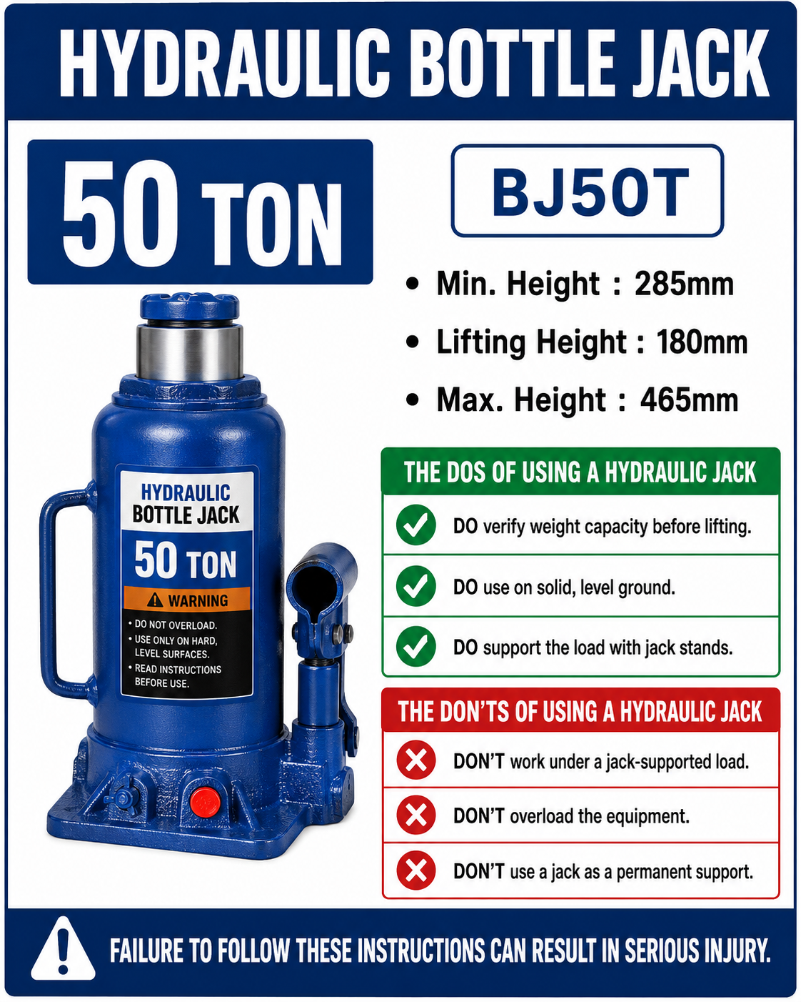 LEO Hydraulic Bottle Jack - 50 Ton - 465 mm - Image 2