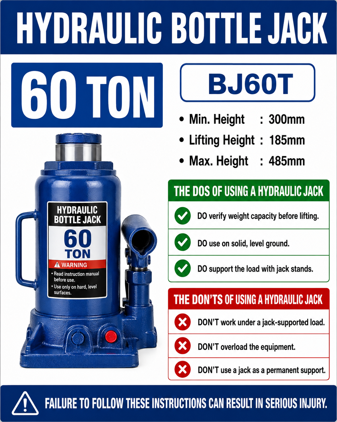 LEO Hydraulic Bottle Jack - 60 Ton - 485 mm - Image 2